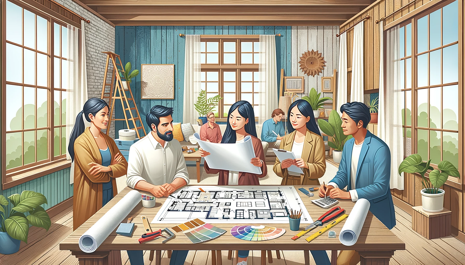 An illustration featuring a diverse group of people engaged in a home renovation discussion. In the center, a South Asian female architect is showing